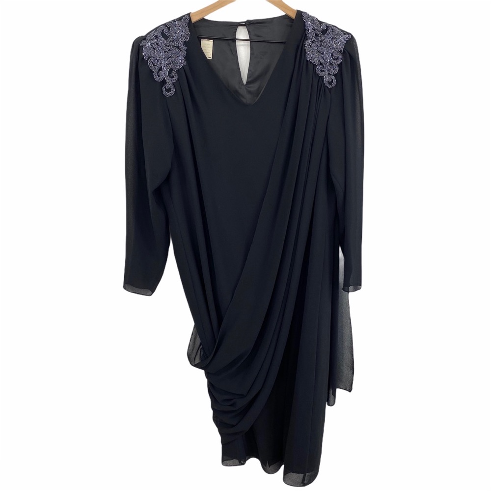 Vintage Black Drape Front Beaded Shoulder Dress